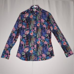 Drake's London Button Top 12 Collar Long Sleeve Multicolor Floral Blouse